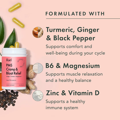 Rael PMS Supplement, Hormone Balance for Women, Relief from Menstrual Cramps with Turmeric, Ginger, Magnesium (28 Capsules) - Maple Wellness Supplements