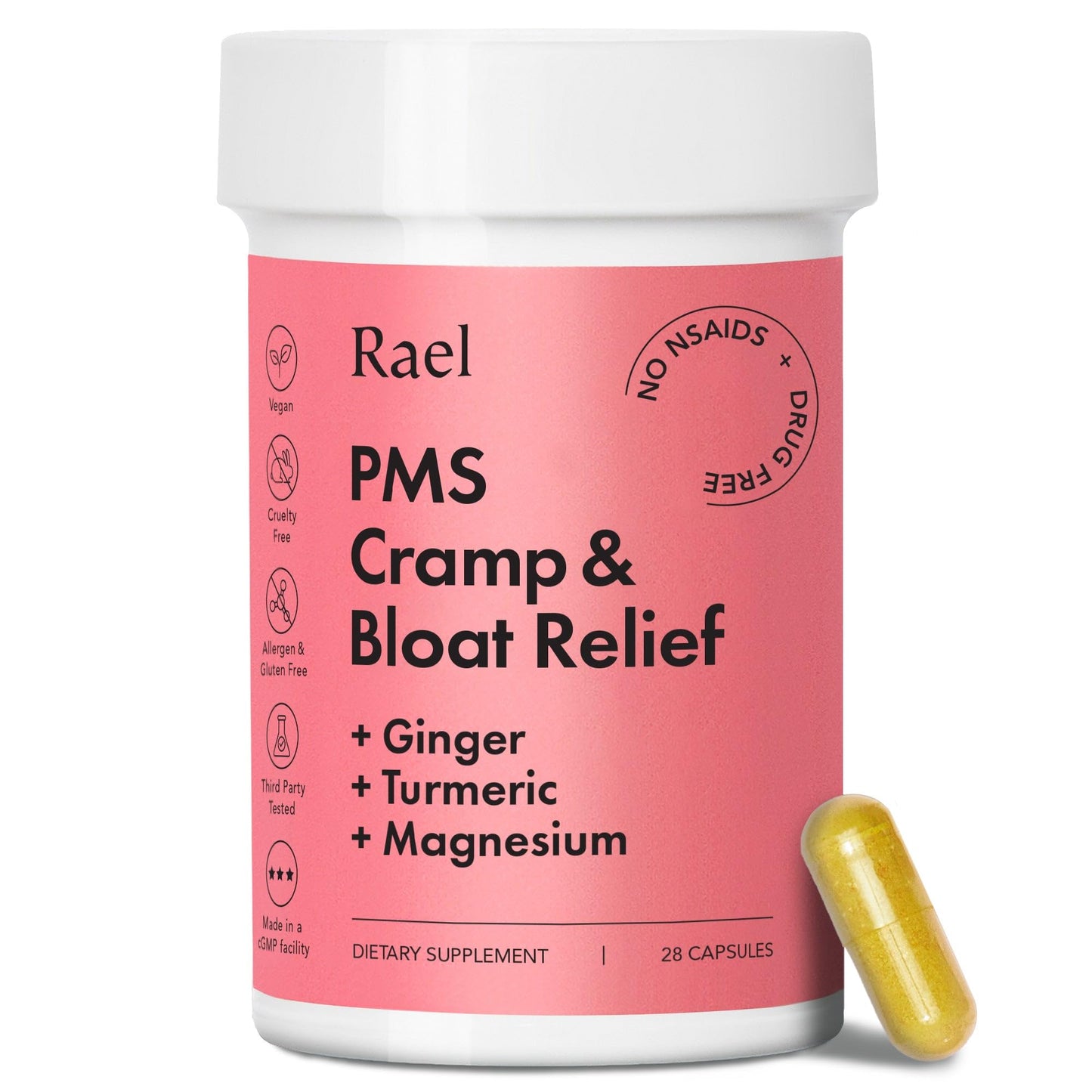 Rael PMS Supplement, Hormone Balance for Women, Relief from Menstrual Cramps with Turmeric, Ginger, Magnesium (28 Capsules) - Maple Wellness Supplements