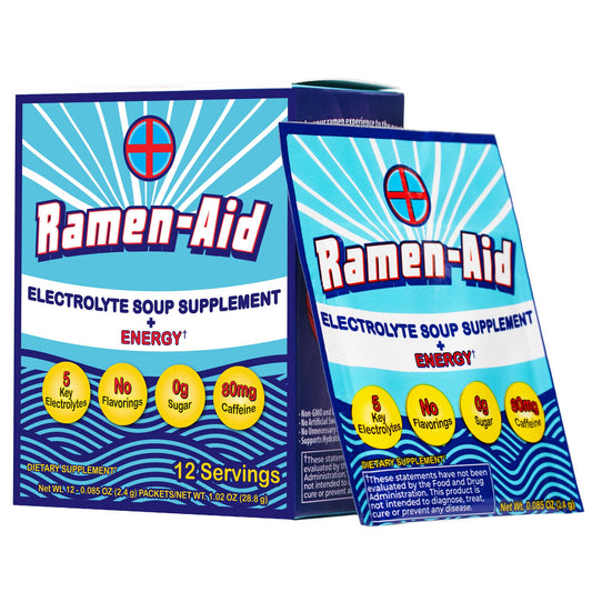 Ramen-Aid Electrolyte Soup Supplement with Energy, 80mg Caffeine, Sodium-Free, Sugar-Free, 12 Packets - Maple Wellness Supplements