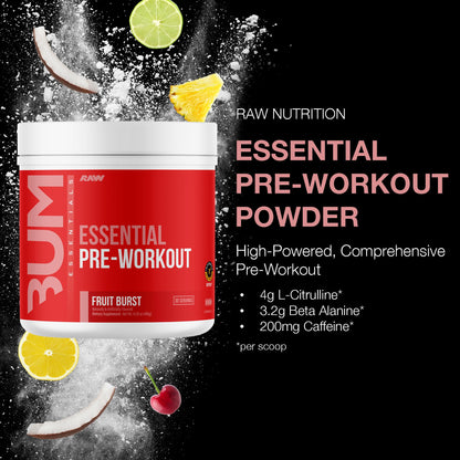 RAW Essential Pre-Workout Powder (Fruit Burst) - Chris Bumstead Sports Nutrition Supplement for Men & Women - Preworkout Energy Powder with Caffeine - Maple Wellness Supplements