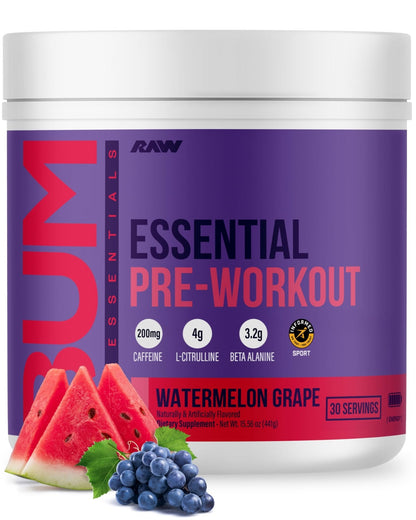 RAW Essential Pre-Workout Powder (Watermelon Grape) - Chris Bumstead Sports Nutrition Supplement for Men & Women - Preworkout Energy Powder with Caffeine, L-Citrulline, - Maple Wellness Supplements