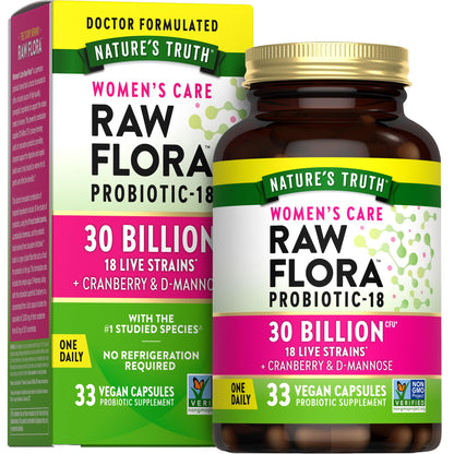 Raw Flora Probiotics for Women | 30 Billion CFU | 33 Capsules | with Cranberry and D-Mannose | Vegan, Non-GMO & Gluten Free Supplement - Maple Wellness Supplements