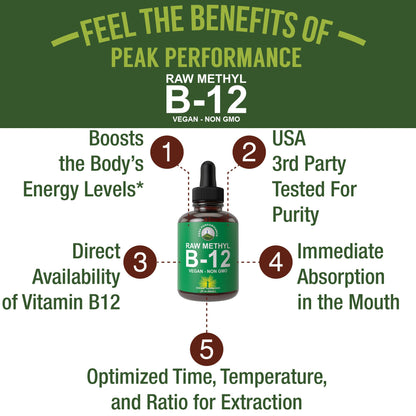 Raw Methyl B12 Liquid Drops. Sublingual Fast Acting Advanced Vegan B 12 Liquid Vitamin Supplement. High Bioavailability Methylcobalamin B-12 Vitamins for Energy, Focus and Relief. for Men + Women - Maple Wellness Supplements