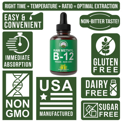 Raw Methyl B12 Liquid Drops. Sublingual Fast Acting Advanced Vegan B 12 Liquid Vitamin Supplement. High Bioavailability Methylcobalamin B-12 Vitamins for Energy, Focus and Relief. for Men + Women - Maple Wellness Supplements