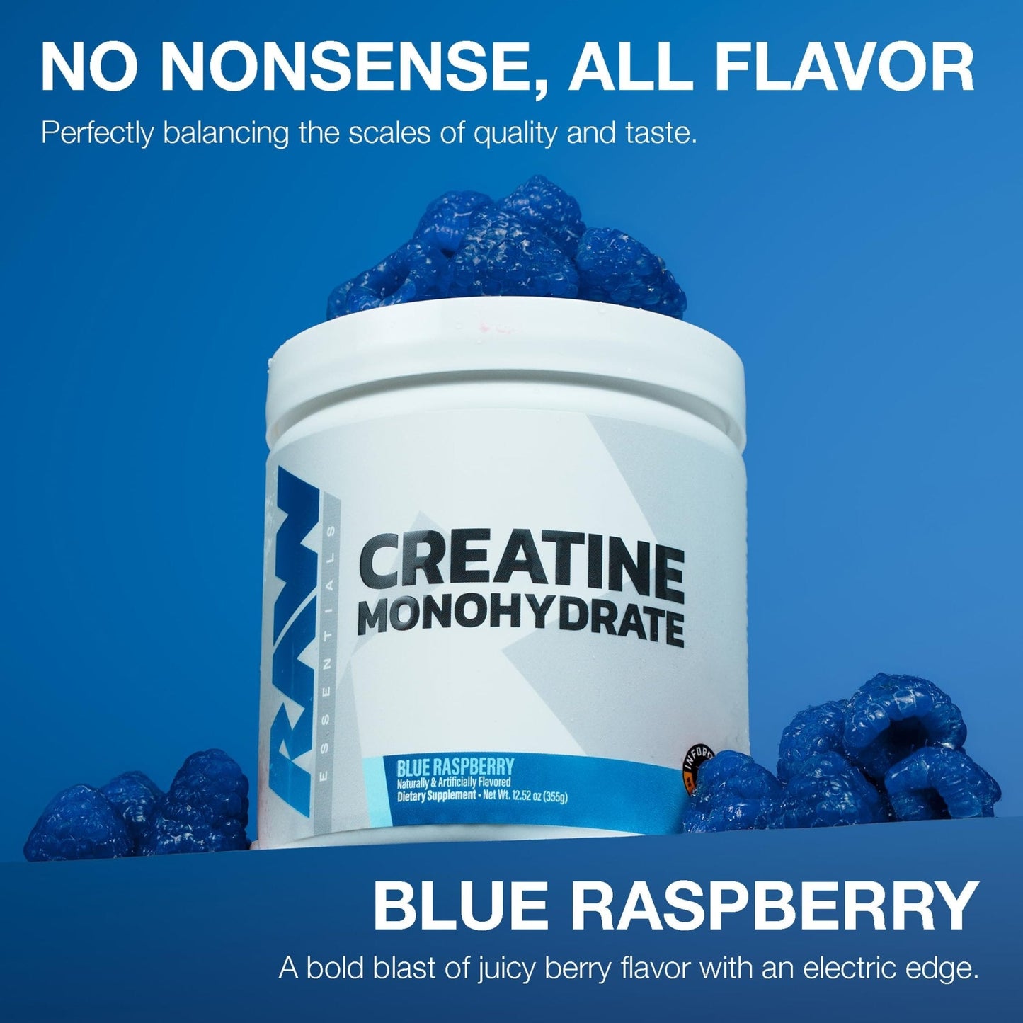 RAW Nutrition Creatine Monohydrate Powder, Blue Raspberry (30 Servings) - Micronized Creatine Monohydrate Supplement for Workout Performance, Build Muscle & Strength - Maple Wellness Supplements