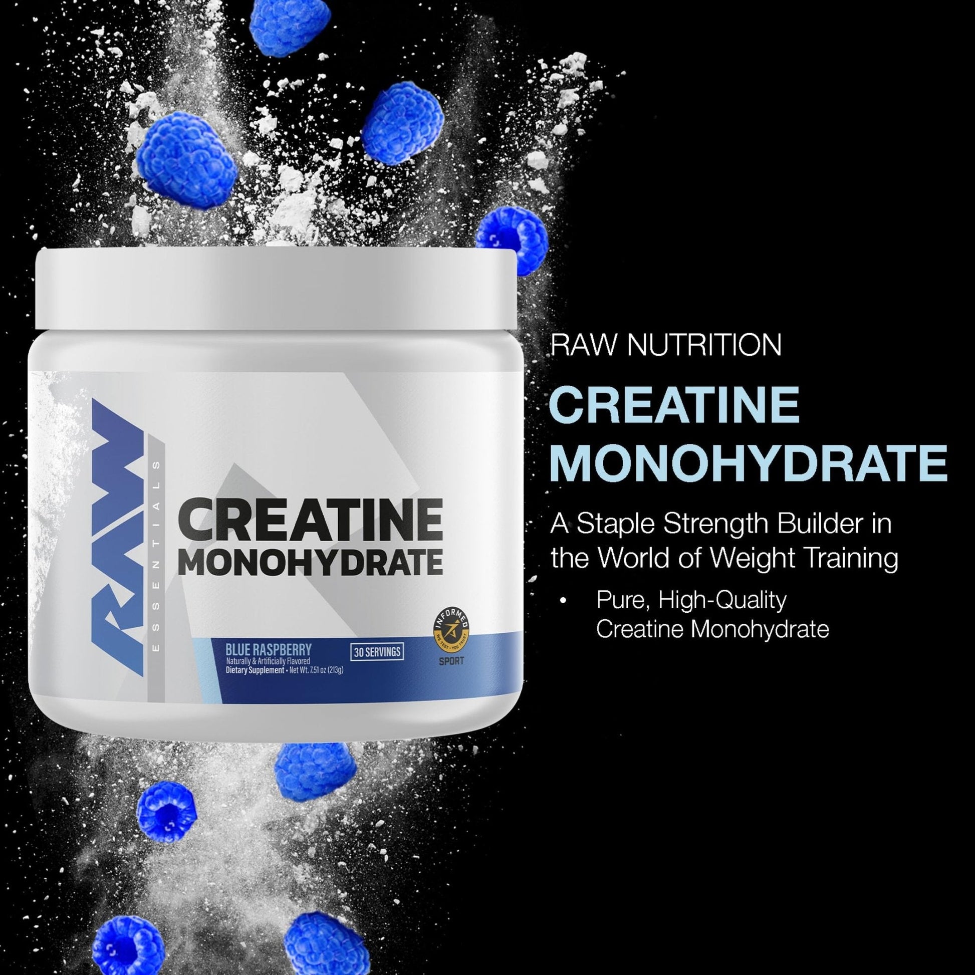 RAW Nutrition Creatine Monohydrate Powder, Blue Raspberry (30 Servings) - Micronized Creatine Monohydrate Supplement for Workout Performance, Build Muscle & Strength - Maple Wellness Supplements