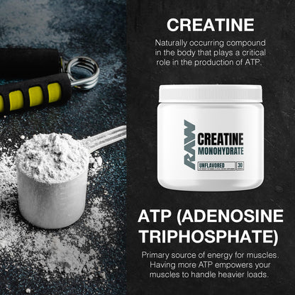 RAW Nutrition Creatine Monohydrate Powder, Unflavored (30 Servings) - Micronized Creatine Monohydrate Supplement for Workout Performance, Build Muscle & Strength - Maple Wellness Supplements
