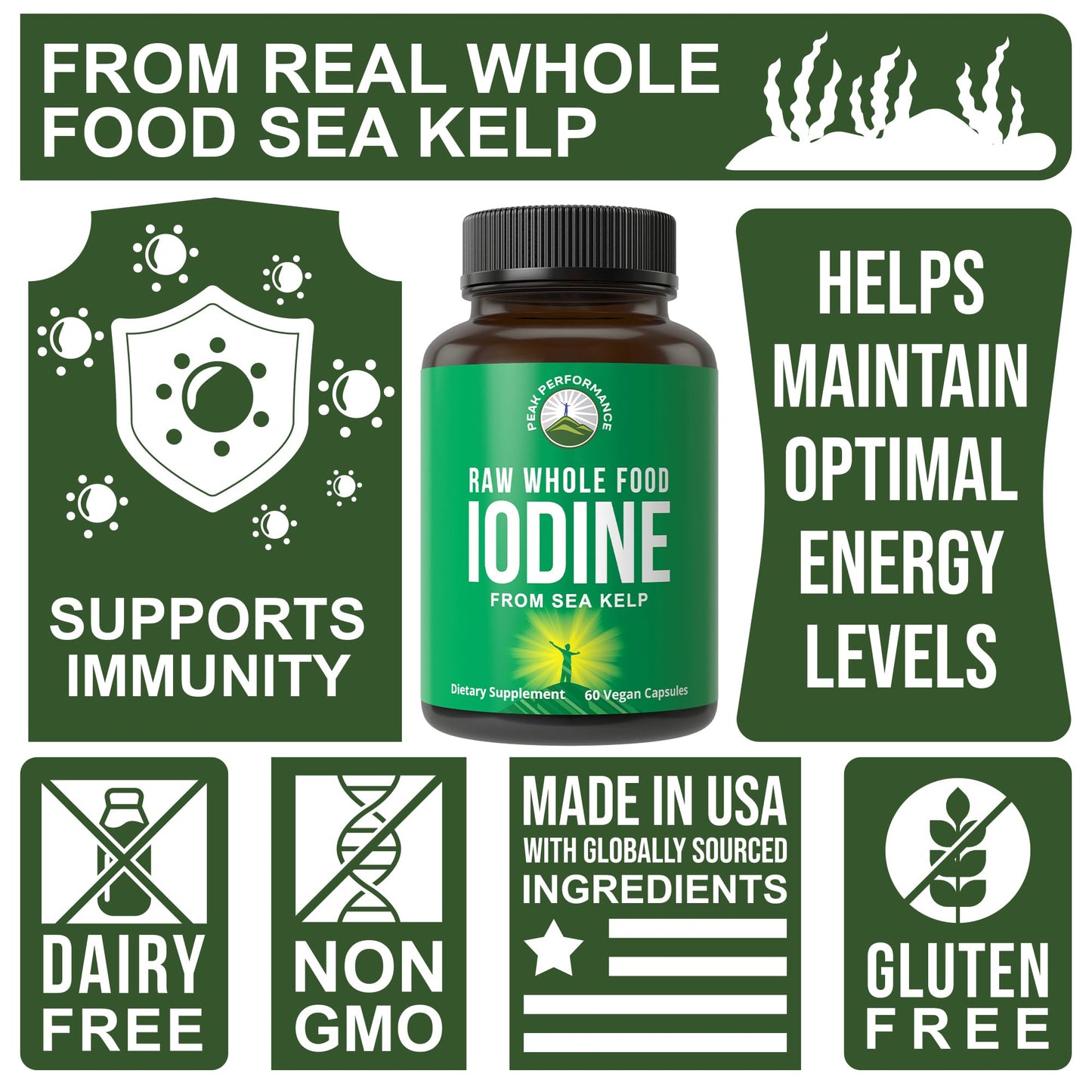 Raw Whole Food Iodine Supplement from Organic Kelp (Ascophyllum Nodosum) by Peak Performance. Potassium Iodide Support Tablets. for Metabolism, Energy, and Immune. 60 Vegan Capsules, Pills. - Maple Wellness Supplements