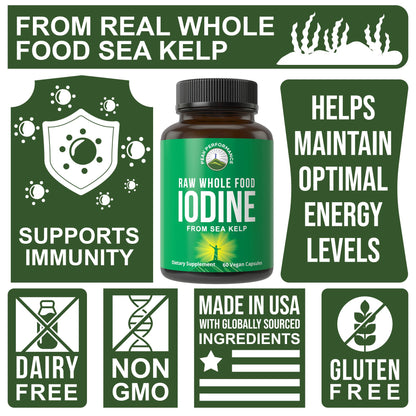 Raw Whole Food Iodine Supplement from Organic Kelp (Ascophyllum Nodosum) by Peak Performance. Potassium Iodide Support Tablets. for Metabolism, Energy, and Immune. 60 Vegan Capsules, Pills. - Maple Wellness Supplements
