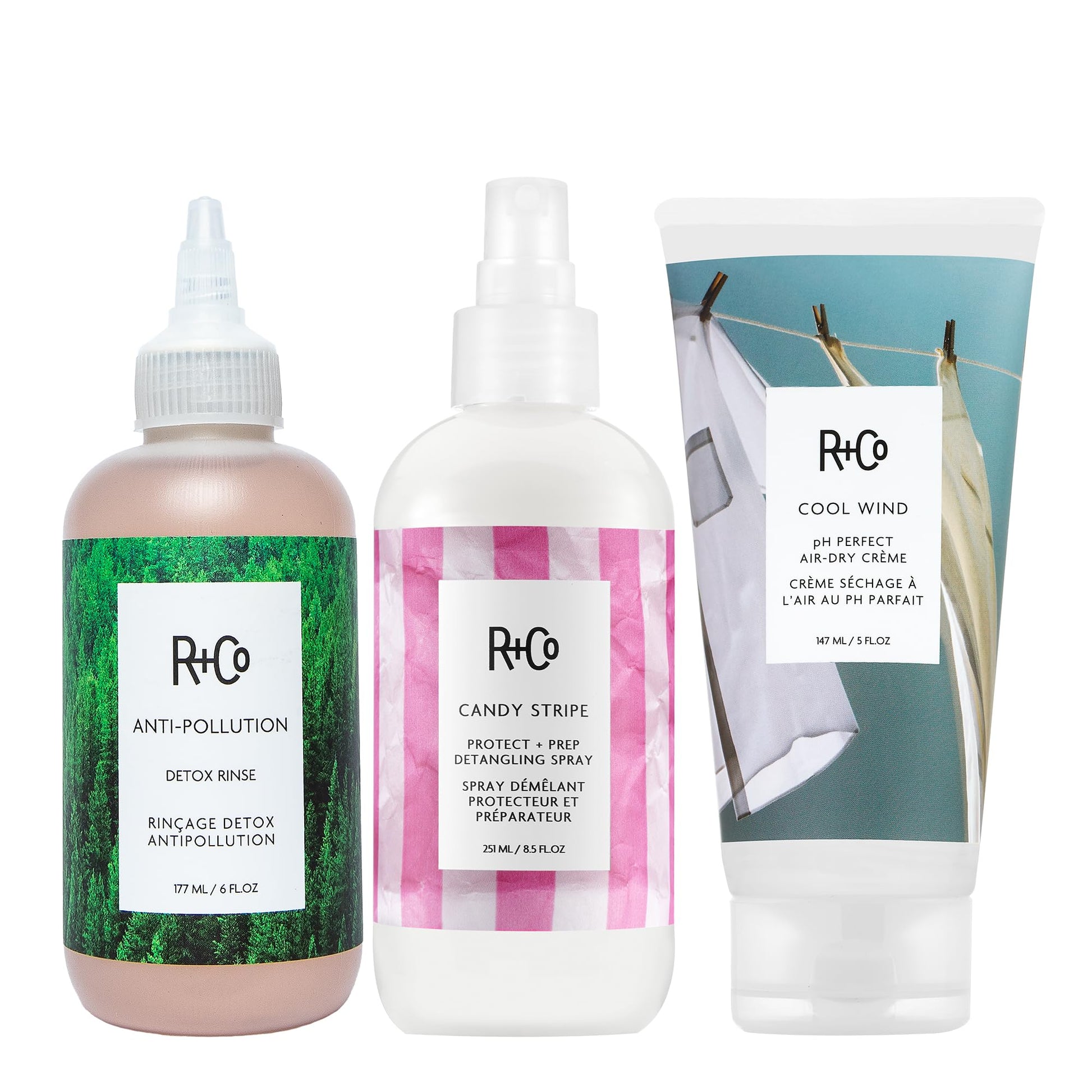 R+Co TEACUP Anti-Pollution Detox Rinse, CANDY STRIPE Protect + Prep Detangling Spray & COOL WIND pH Perfect Air Dry Crème Bundle – Hydration, Protection & Styling for All Hair Types - Maple Wellness Supplements