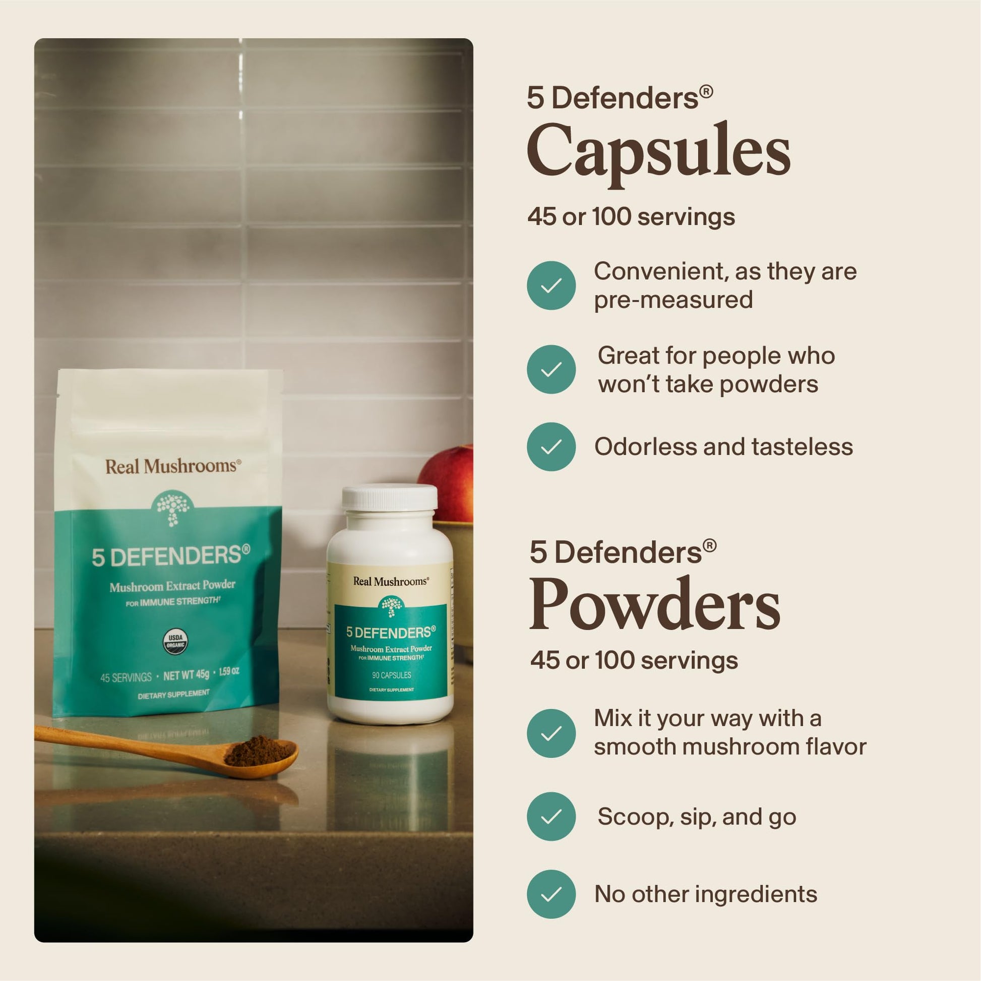 Real Mushrooms 5 Defenders - Adaptogenic Mushrooms Complex with Chaga, Reishi, Turkey Tail, Maitake & Shiitake for Wellness Support - Maple Wellness Supplements