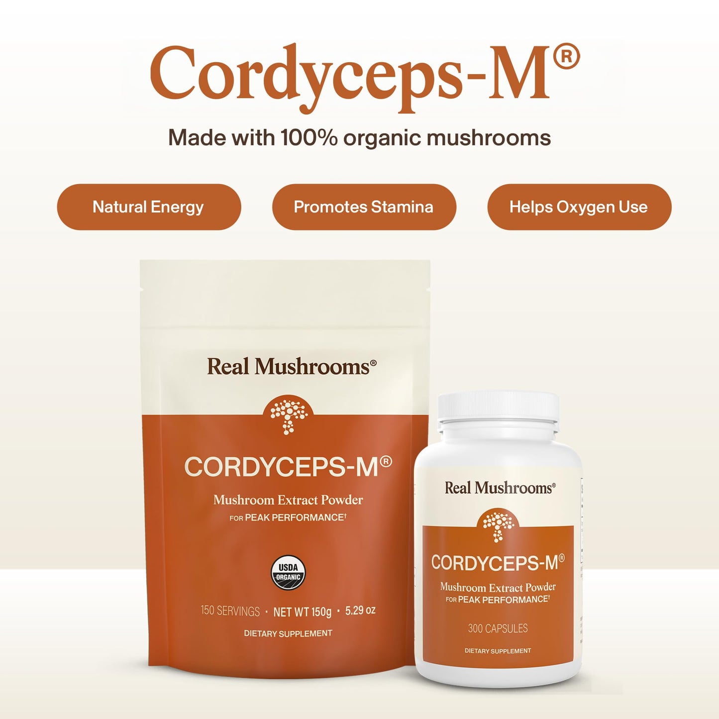 Real Mushrooms Capsules Supplements - Organic Cordyceps Mushroom Powder in Capsules - Energy and Performance Mushrooms with Verified Beta Glucans - Vegan, Non-GMO, 300 Capsules - Maple Wellness Supplements