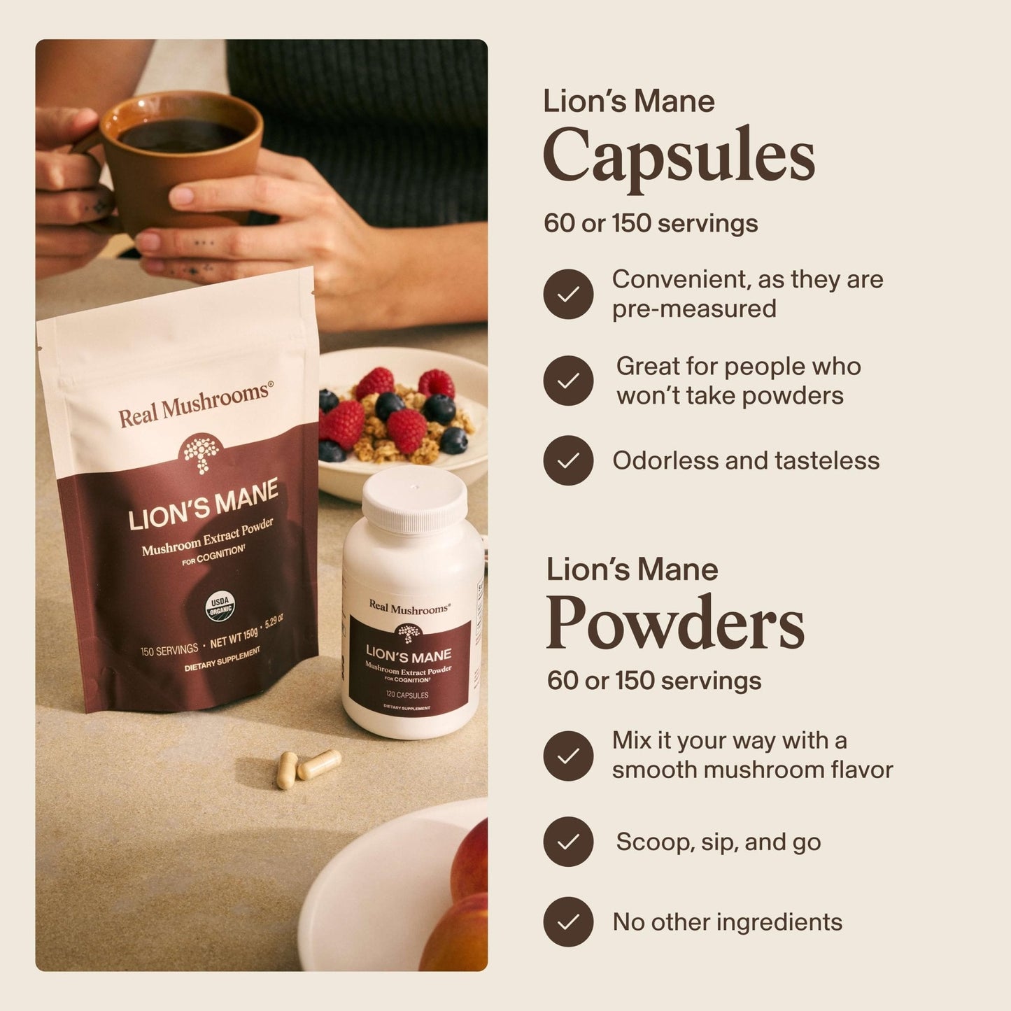 Real Mushrooms Lions Mane Mushroom Cognition (120 Capsules) Lions Mane Mushroom Powder Extract Capsules - Maple Wellness Supplements