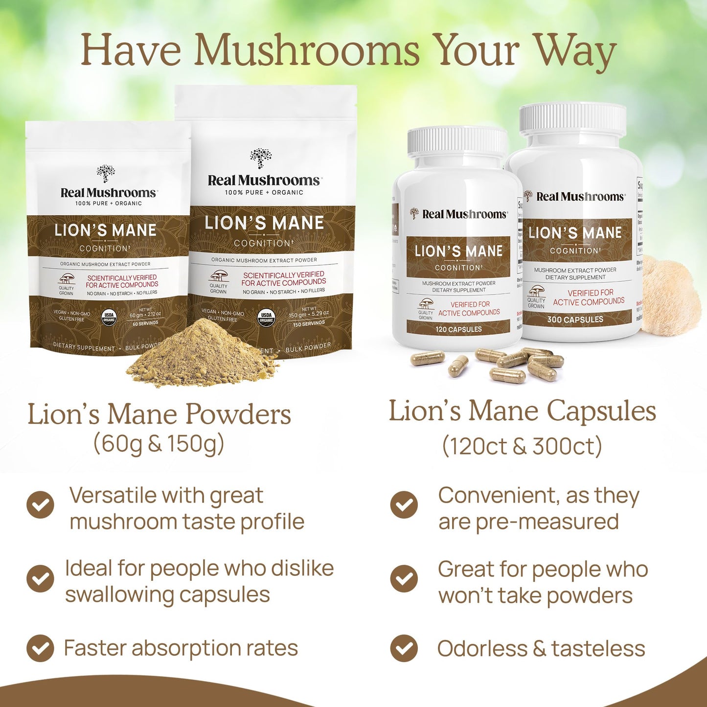 Real Mushrooms Lion’s Mane Powder - Organic Lions Mane Mushroom Extract - Maple Wellness Supplements