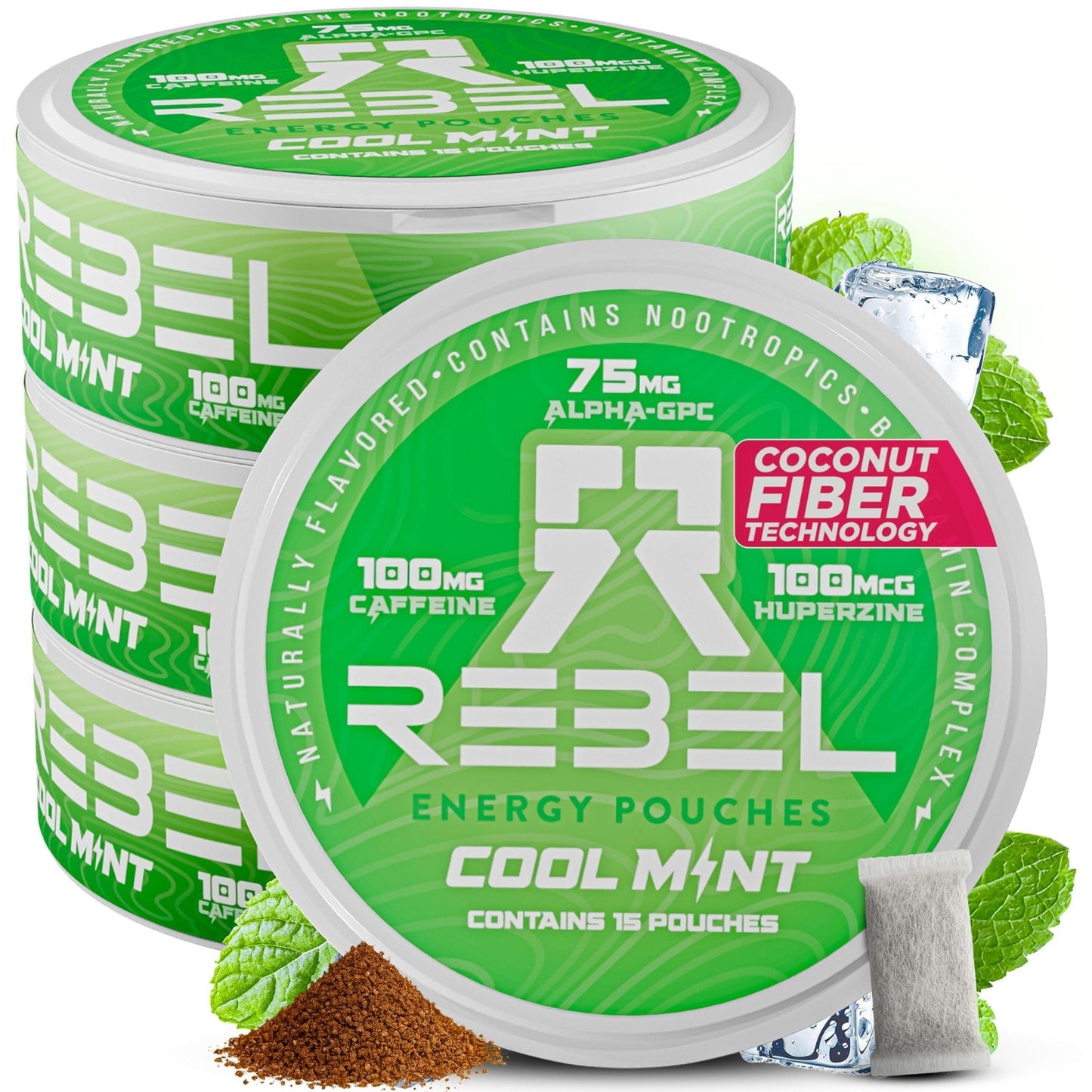 Rebel Nootropic Energy Caffeine Pouches (Cool Mint) • 100mg Caffeine • Alpha GPC • Huperzine A & Essential Vitamins • Sugar-Free • Coconut Fiber Technology • 15 Pouches Per Can (Pack of 4) - Maple Wellness Supplements