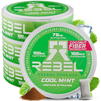 Rebel Nootropic Energy Caffeine Pouches (Cool Mint) • 100mg Caffeine • Alpha GPC • Huperzine A & Essential Vitamins • Sugar-Free • Coconut Fiber Technology • 15 Pouches Per Can (Pack of 4) - Maple Wellness Supplements