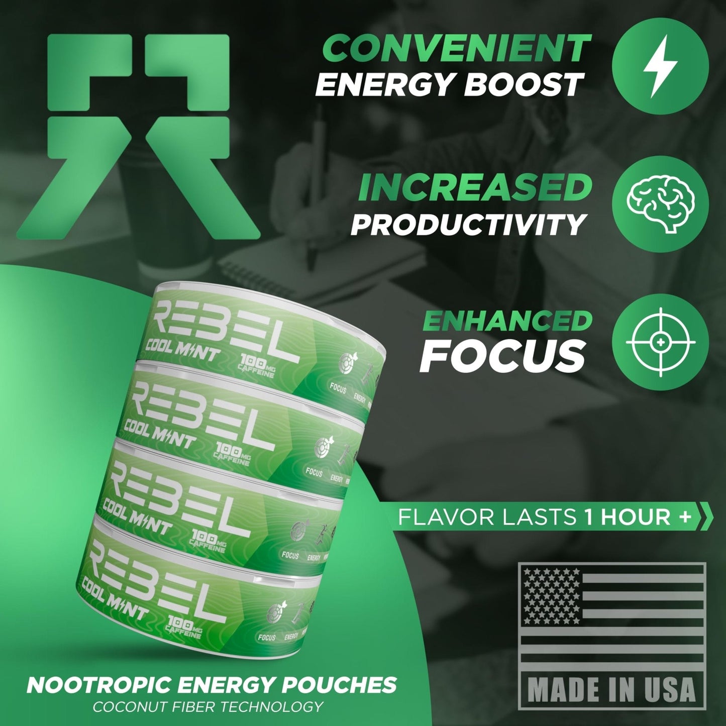 Rebel Nootropic Energy Caffeine Pouches (Cool Mint) • 100mg Caffeine • Alpha GPC • Huperzine A & Essential Vitamins • Sugar-Free • Coconut Fiber Technology • 15 Pouches Per Can (Pack of 4) - Maple Wellness Supplements