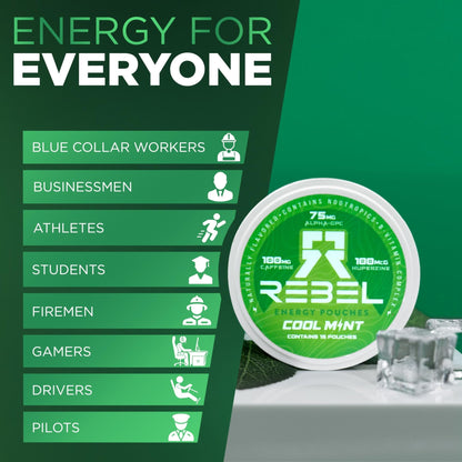 Rebel Nootropic Energy Caffeine Pouches (Cool Mint) • 100mg Caffeine • Alpha GPC • Huperzine A & Essential Vitamins • Sugar-Free • Coconut Fiber Technology • 15 Pouches Per Can (Pack of 4) - Maple Wellness Supplements