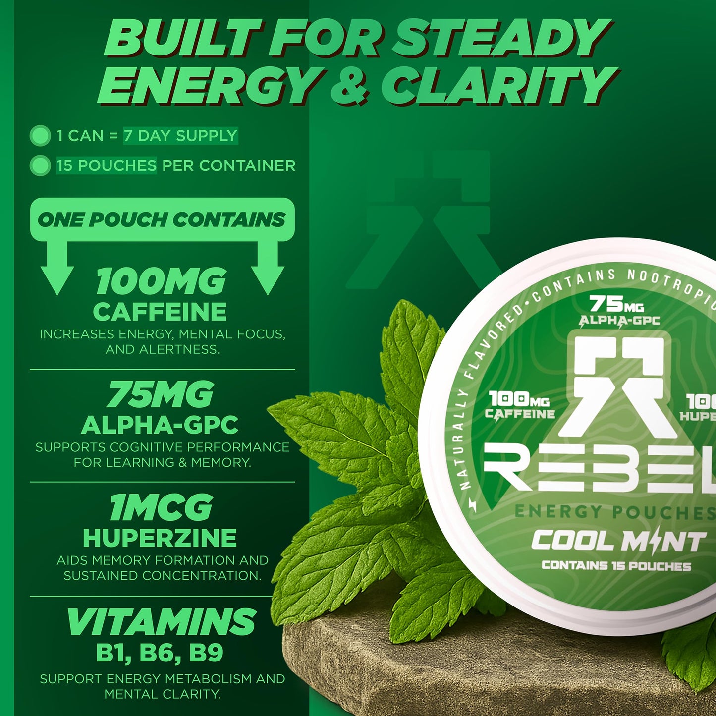 Rebel Nootropic Energy Caffeine Pouches (Cool Mint) • 100mg Caffeine • Alpha GPC • Huperzine A & Essential Vitamins • Sugar-Free • Coconut Fiber Technology • 15 Pouches Per Can (Pack of 4) - Maple Wellness Supplements