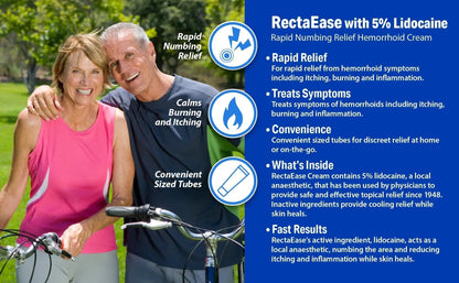 RectaEase 5% Lidocaine Hemorrhoid Topical Relief Cream, Rapid Numbing for Itching & Burning, Extra Strength Anorectal Treatment for Sensitive Areas, Advanced Formula for Fast Soothing Care, 1 oz Tube - Maple Wellness Supplements
