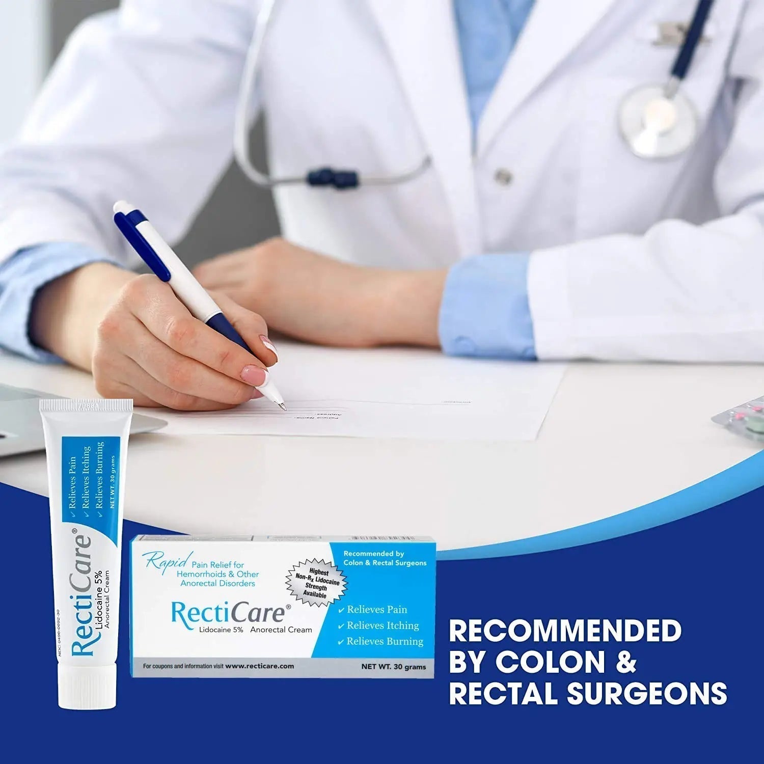 Recticare Anorectal Lidocaine 5% Cream: Topical Numbing Cream for Treatment of Hemorrhoids & Other Anorectal Disorders - 30g Tube - Maple Wellness Supplements