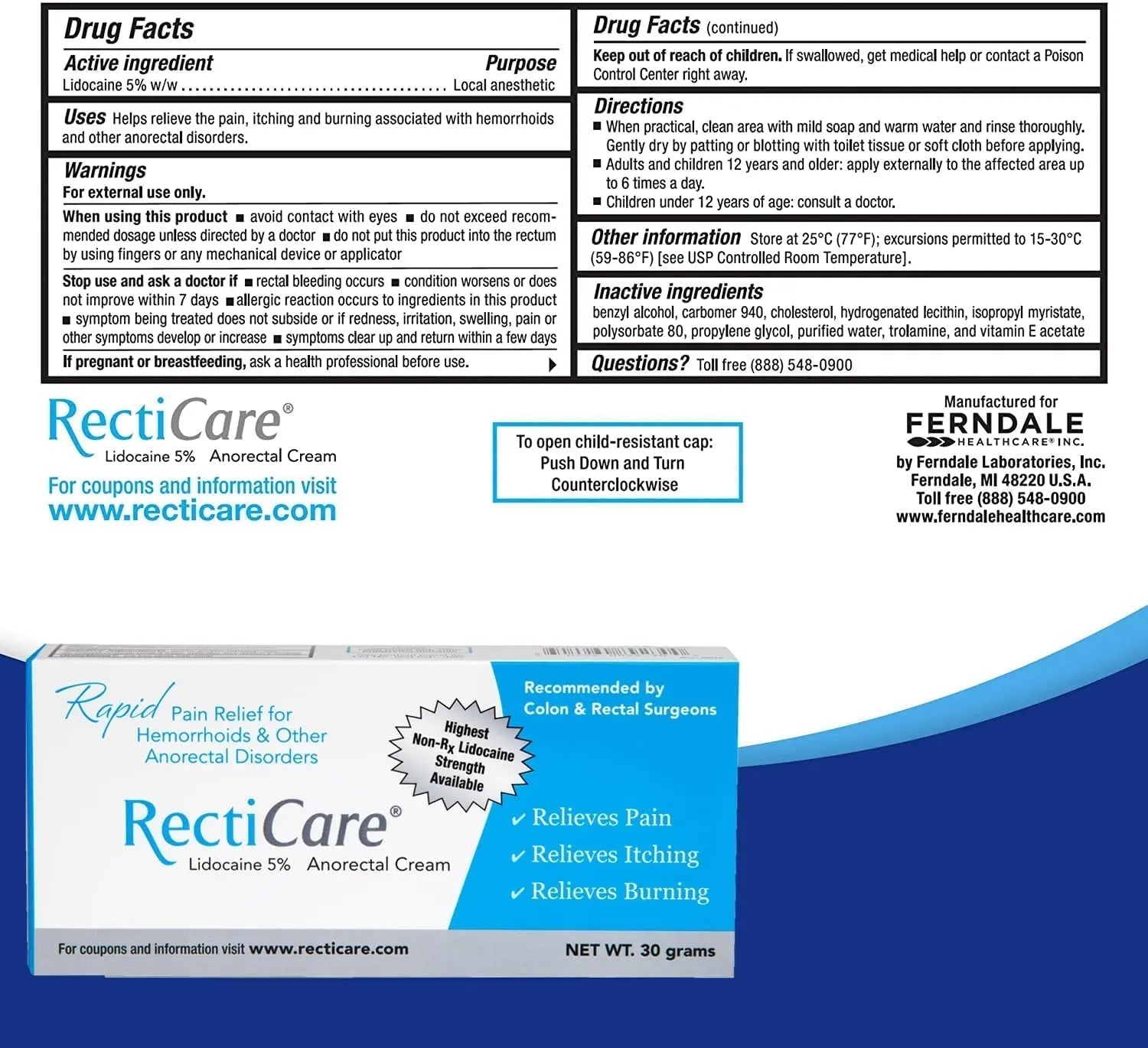 Recticare Anorectal Lidocaine 5% Cream: Topical Numbing Cream for Treatment of Hemorrhoids & Other Anorectal Disorders - 30g Tube - Maple Wellness Supplements