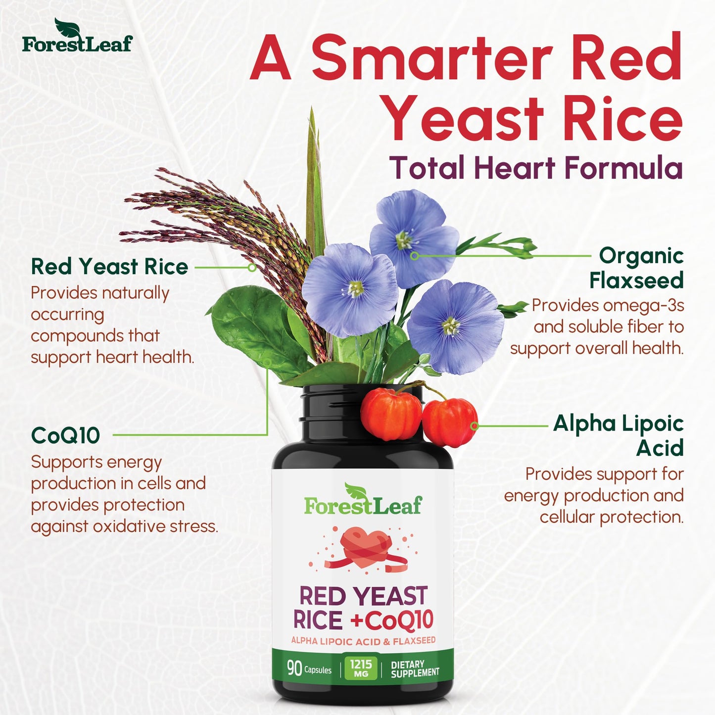 Red Yeast Rice 1215 mg. Capsules - Extra Strength Red Rice Yeast with CoQ10 Supplement, Plus Alpha Lipoic Acid & Organic Flaxseed, Citrinin Free, - Maple Wellness Supplements