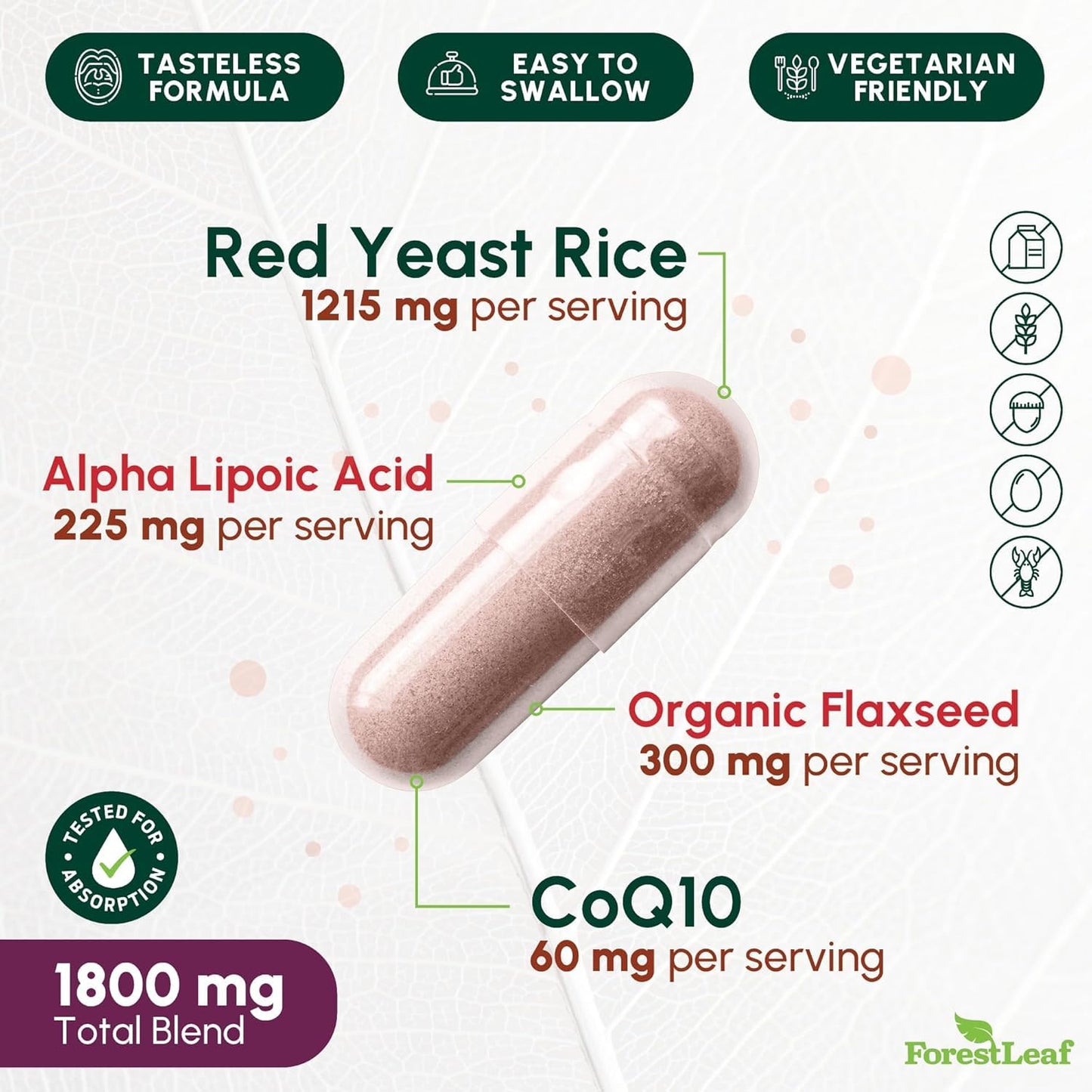Red Yeast Rice 1215 mg. Capsules - Extra Strength Red Rice Yeast with CoQ10 Supplement, Plus Alpha Lipoic Acid & Organic Flaxseed, Citrinin Free, - Maple Wellness Supplements