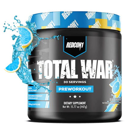REDCON1 Total War Pre Workout - Beta Alanine + Citrulline Malate Keto Friendly Preworkout for Men & Women with 320mg of Caffeine - Fast Acting -Blue Lemonade (30 Servings) - Maple Wellness Supplements