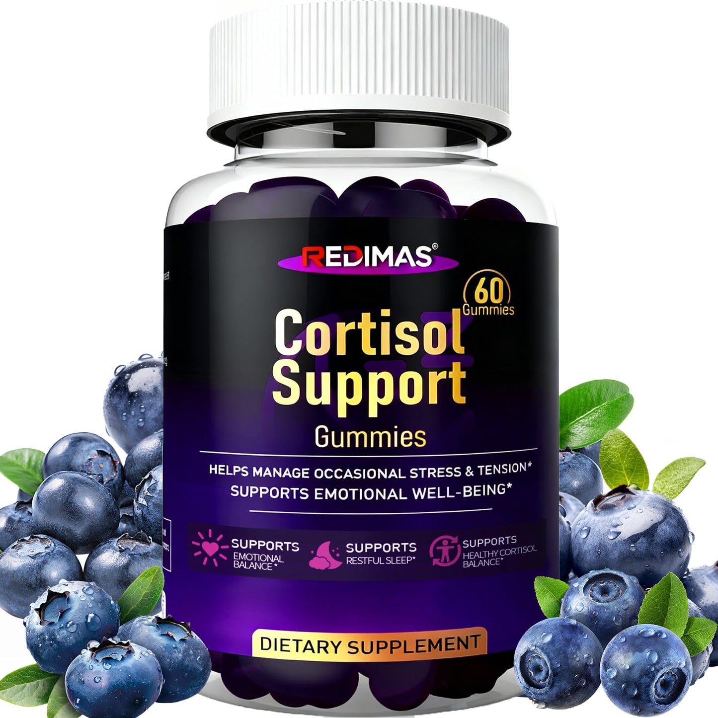 Redimas Cortisol Gummies for Women & Men with Ashwagandha, Magnesium, L-Theanine and Multivitamin, Vegan Chewable Gummies for Daily Lifestyle Balance, Convenient Adult Supplement, 60 Count - Maple Wellness Supplements