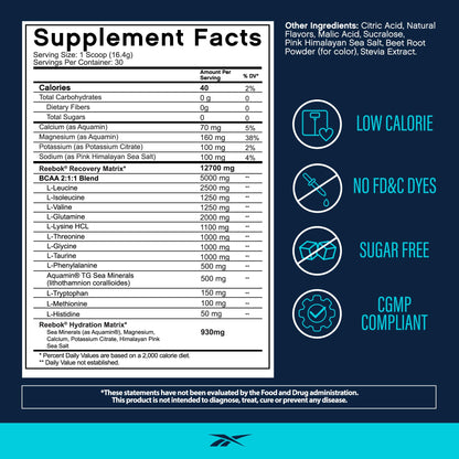 Reebok REEcover Amino Acids + Electrolytes | 8g EAAs, 5g BCAAs, Hydration Matrix | Muscle Recovery, Strength | Post-Workout Support - Maple Wellness Supplements