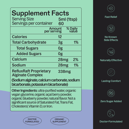 RefluxRaft Acid Reflux Therapy with Organic Alginate, Pregnancy Safe, Fast & Long-Lasting GERD & LPR Support, Zero Sugar, Gluten-Free, Low Sodium, Berry Burst, 60 Gel Servings, 10 OZ Bottle - Maple Wellness Supplements