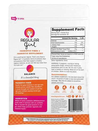 Regular Girl Organic Powder, Prebiotic Fiber Supplement and Probiotics for Women, Low FODMAP, 30 Servings, Unflavored - Maple Wellness Supplements