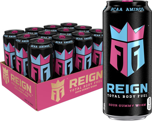 Reign Total Body Fuel, Sour Gummy Worm, Fitness & Performance Drink, 16 Fl Oz (Pack of 12) - Maple Wellness Supplements