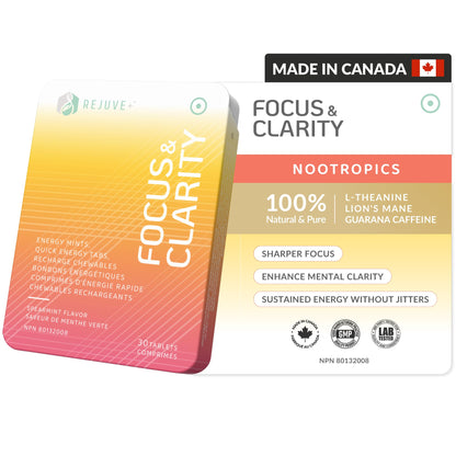 REJUVE+ Focus & Clarity Nootropic Supplement – Brian Boost | L-Theanine, Caffeine, Lion’s Mane, Magnesium, Vitamin B6 & B12 | Brain Support, Memory, Focus & Energy | Mint Flavor (30 Chewables) (1) - Maple Wellness Supplements