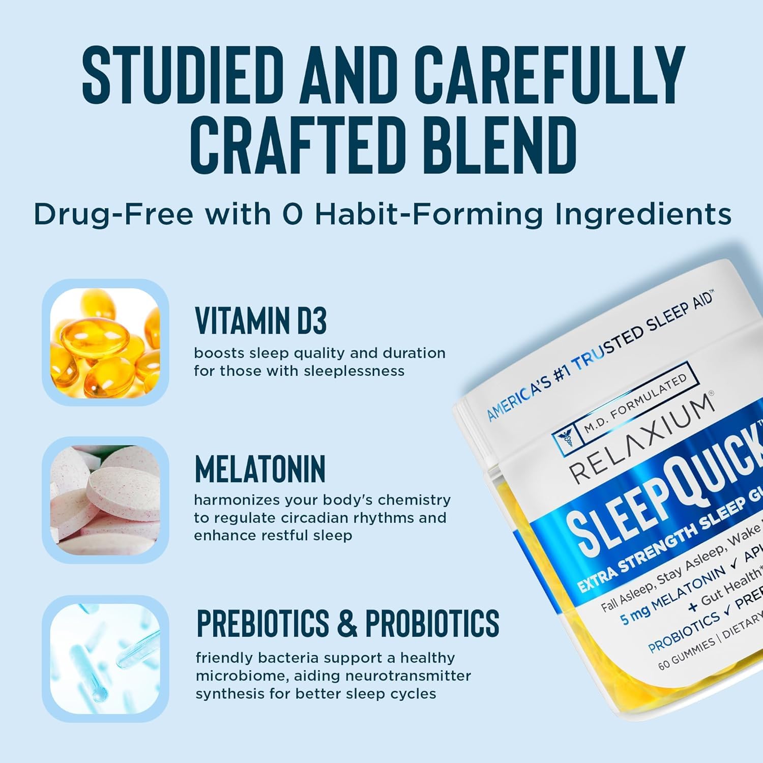Relaxium SleepQuick Gummies - Sleep Aid + Gut Health & Immune Support, 5 mg Melatonin, Vitamin D-3 + Prebiotic & Probiotic Blend - Maple Wellness Supplements