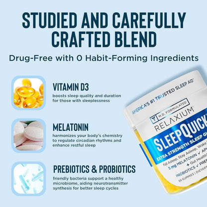 Relaxium SleepQuick Gummies - Sleep Aid + Gut Health & Immune Support, 5 mg Melatonin, Vitamin D-3 + Prebiotic & Probiotic Blend - Maple Wellness Supplements