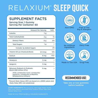 Relaxium SleepQuick Gummies - Sleep Aid + Gut Health & Immune Support, 5 mg Melatonin, Vitamin D-3 + Prebiotic & Probiotic Blend - Maple Wellness Supplements