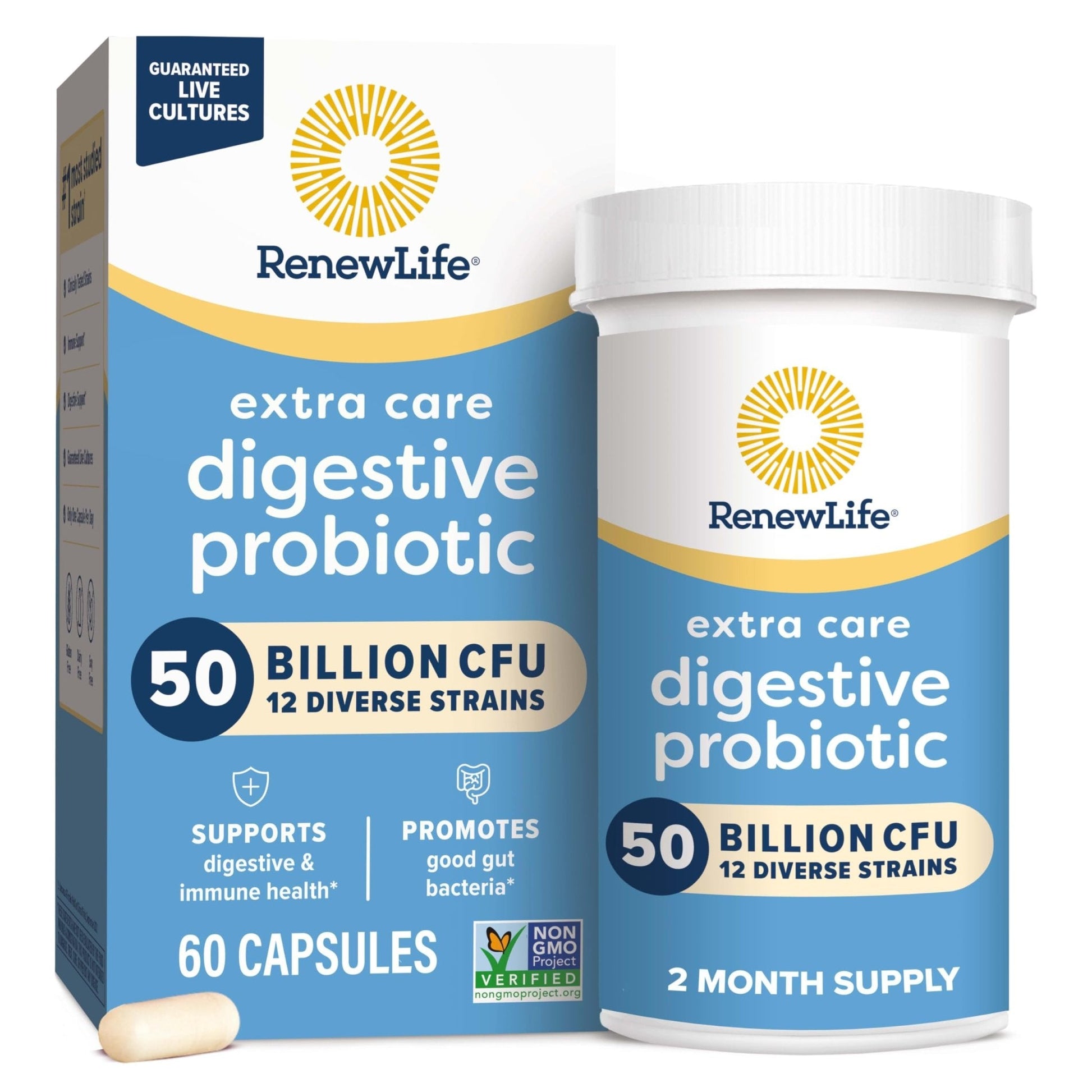 Renew Life Extra Care Digestive Probiotic Capsules, 50 Billion CFU Guaranteed, Daily Supplement Supports Immune, Digestive, Respiratory Health(1), L. Rhamnosus GG - Maple Wellness Supplements