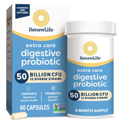 Renew Life Extra Care Digestive Probiotic Capsules, 50 Billion CFU Guaranteed, Daily Supplement Supports Immune, Digestive, Respiratory Health(1), L. Rhamnosus GG - Maple Wellness Supplements