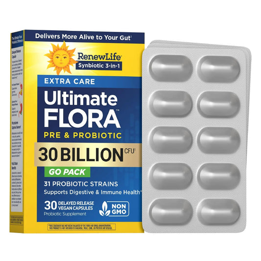 Renew Life Extra Care Go-Pack Probiotic Capsules, Daily Supplement Supports Immune, Digestive and Respiratory Health, L. Rhamnosus GG, Dairy, Soy and gluten-free, 30 Billion CFU, 30 Ct - Maple Wellness Supplements