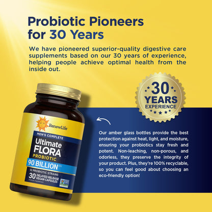 Renew Life Men's Care Probiotic Capsules, Supports Mens Digestive, Colon, Immune and Respiratory Health, L. Rhamnosus GG, Dairy, Soy and gluten-free, 90 Billion CFU, 30 Count - Maple Wellness Supplements