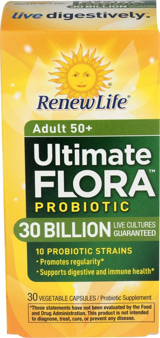 Renew Life Probiotic Adult 50 Plus Probiotic Capsules, Daily Supplement Supports Urinary, Digestive and Immune Health, L. Rhamnosus GG, Dairy, Soy and gluten-free, 30 Billion CFU, 30 Count - Maple Wellness Supplements