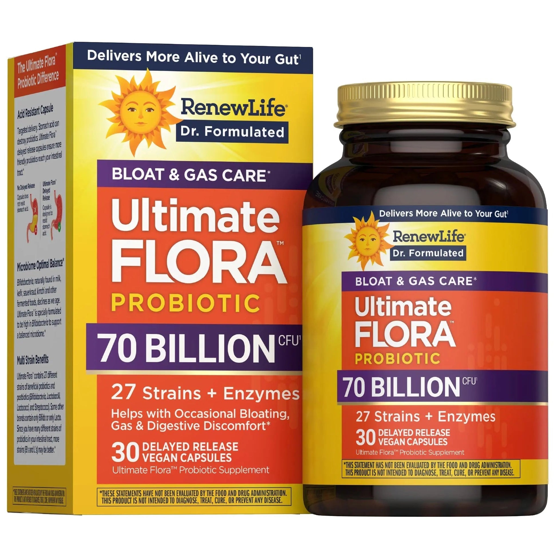 Renew Life Ultimate Flora Probiotics Bloat & Gas Support 70 Billion CFU Delayed Release Vegan Capsules | Doctor Formulated | Digestive Health | Immune Health | Dairy Free | 30 Count - Maple Wellness Supplements