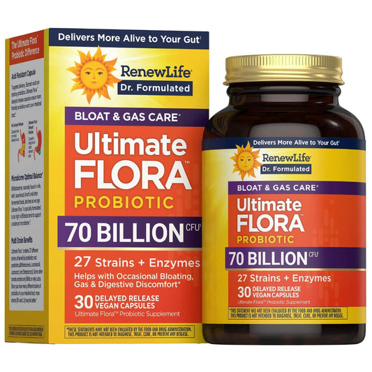 Renew Life Ultimate Flora Probiotics Bloat & Gas Support 70 Billion CFU Delayed Release Vegan Capsules | Doctor Formulated | Digestive Health | Immune Health | Dairy Free | 30 Count - Maple Wellness Supplements