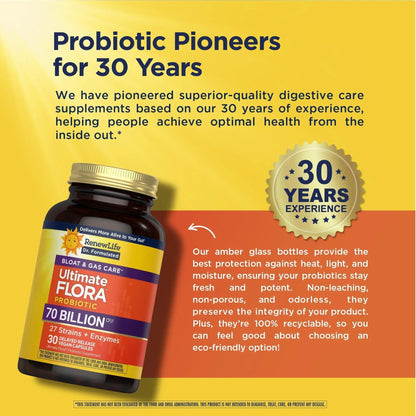 Renew Life Ultimate Flora Probiotics Bloat & Gas Support 70 Billion CFU Delayed Release Vegan Capsules | Doctor Formulated | Digestive Health | Immune Health | Dairy Free | 30 Count - Maple Wellness Supplements