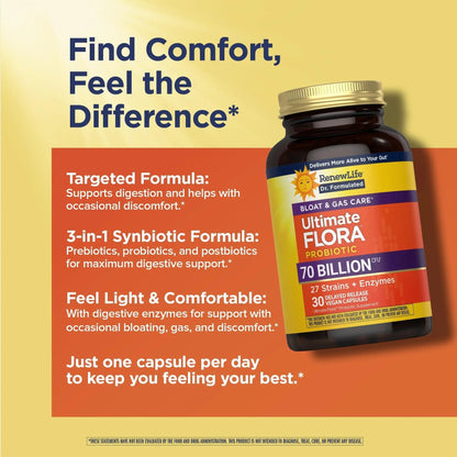 Renew Life Ultimate Flora Probiotics Bloat & Gas Support 70 Billion CFU Delayed Release Vegan Capsules | Doctor Formulated | Digestive Health | Immune Health | Dairy Free | 30 Count - Maple Wellness Supplements