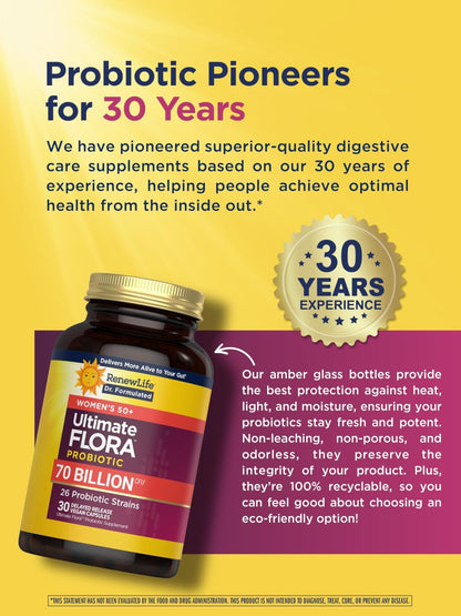 Renew Life Ultimate Flora Probiotics for Women 50+ 70 Billion CFU Delayed Release Vegan Capsules | Vaginal | Digestive Health | Immune Health | Dairy Free | 30 Count - Maple Wellness Supplements