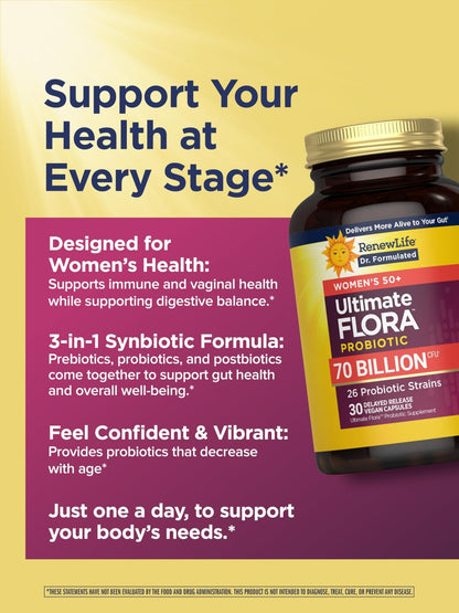 Renew Life Ultimate Flora Probiotics for Women 50+ 70 Billion CFU Delayed Release Vegan Capsules | Vaginal | Digestive Health | Immune Health | Dairy Free | 30 Count - Maple Wellness Supplements