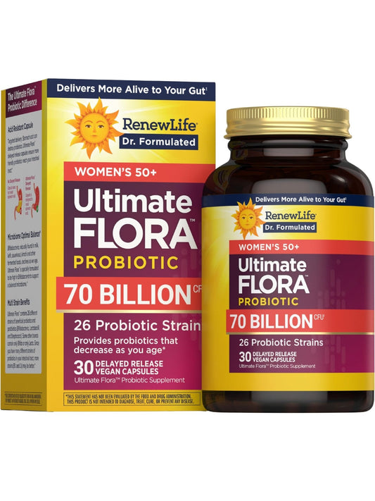 Renew Life Ultimate Flora Probiotics for Women 50+ 70 Billion CFU Delayed Release Vegan Capsules | Vaginal | Digestive Health | Immune Health | Dairy Free | 30 Count - Maple Wellness Supplements